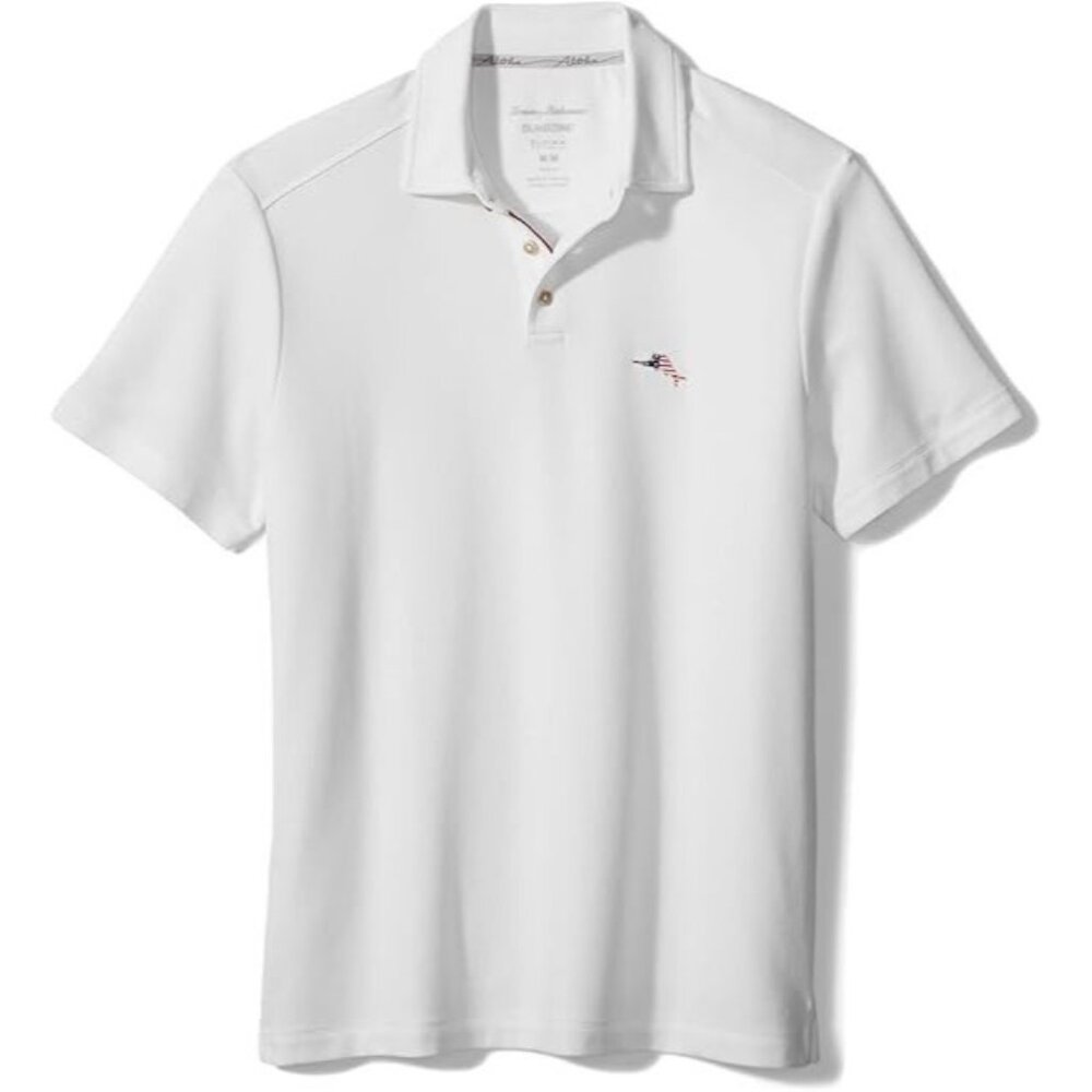 Tommy Bahama Men's Small Bright White Emfielder Party Polo Shirt Patriotic Flag